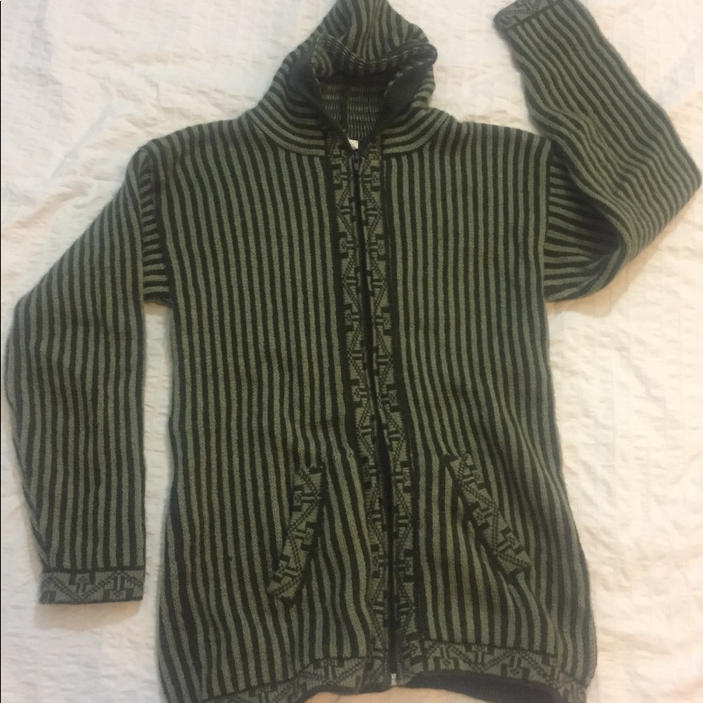 Striped green 100% sheep wool hoodie